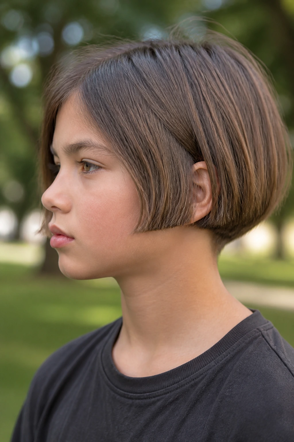 Portrait of a boy with a blunt ear-line bob and hidden nape undercut.