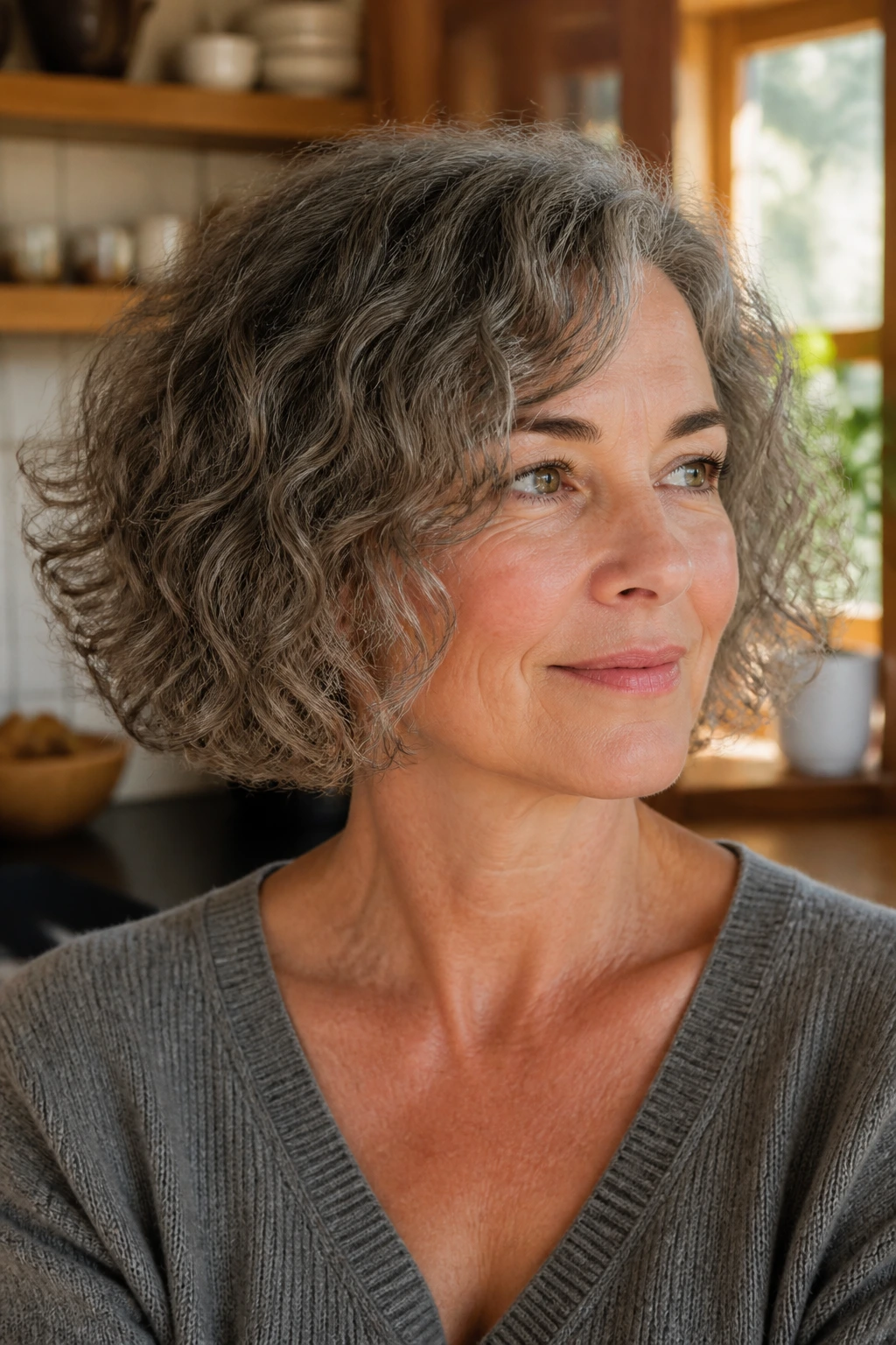 Close-up of a real woman with a blunt-edge soft-texture bob in a sunlit kitchen