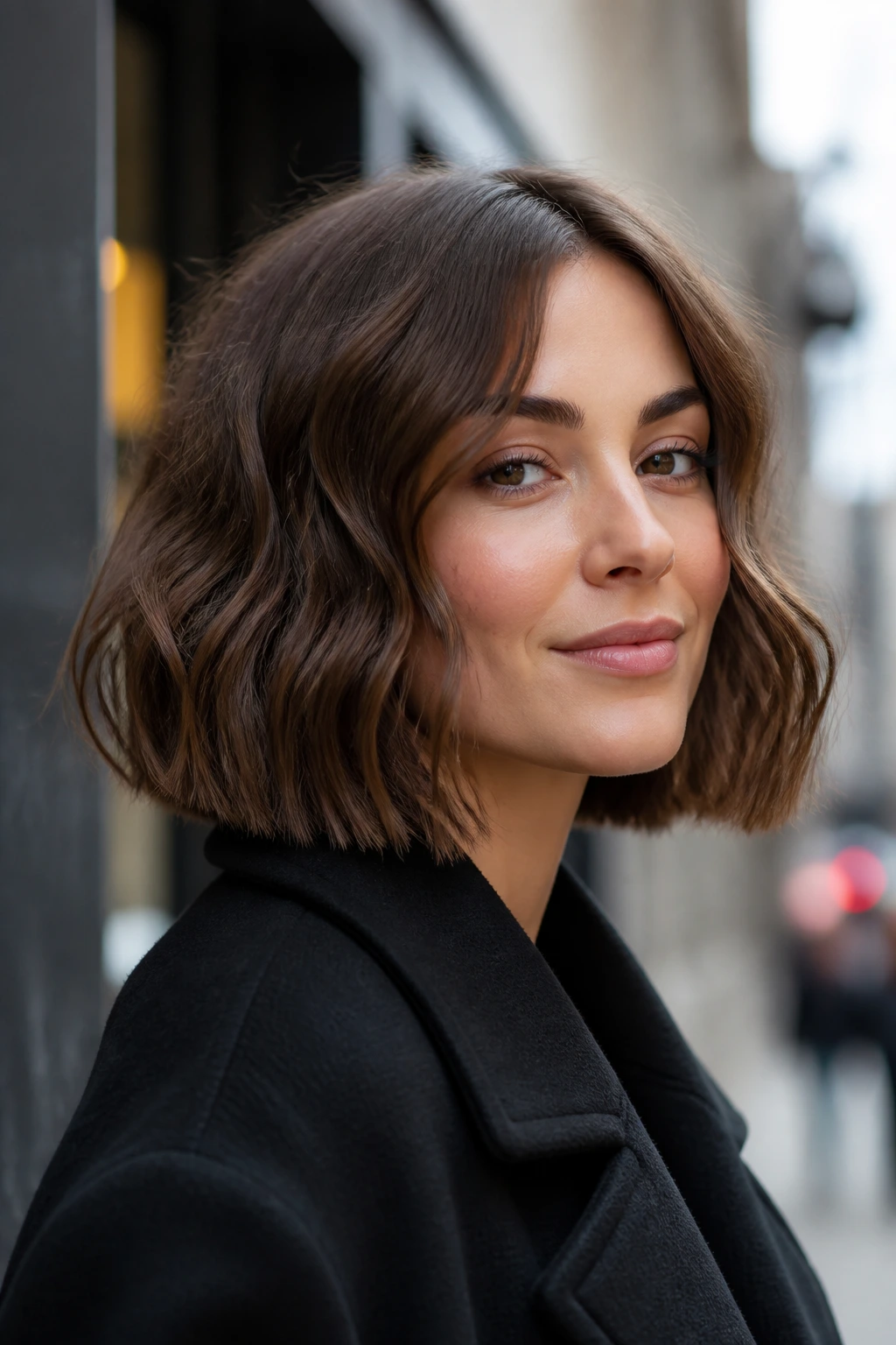 Close-up of a real woman with a blunt-edge bob and broken waves