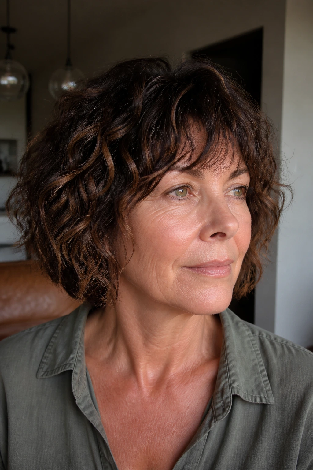 Close-up of a real woman with a blunt-edge bob and choppy interior.