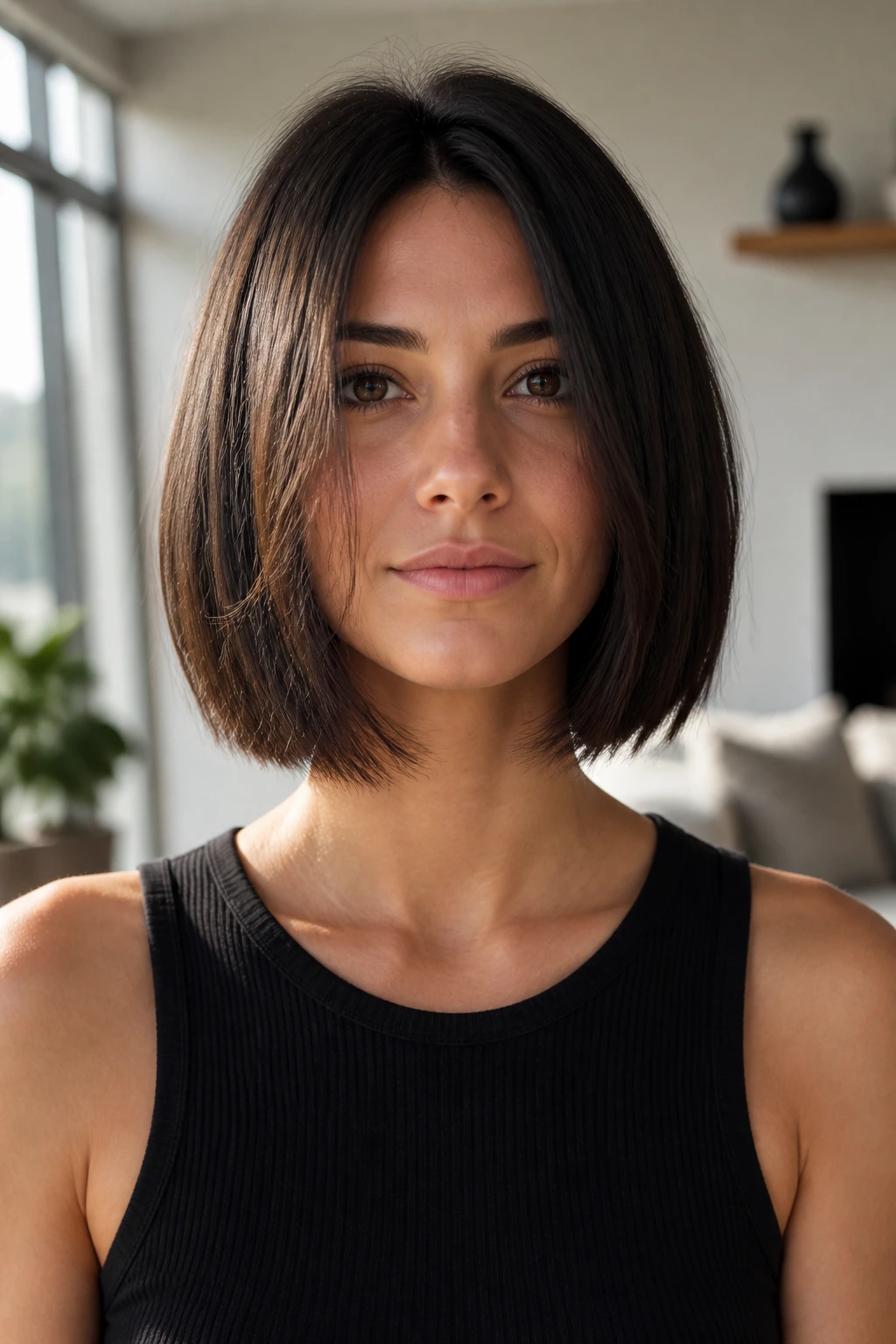 Real woman with blunt edge bob and soft interior layers