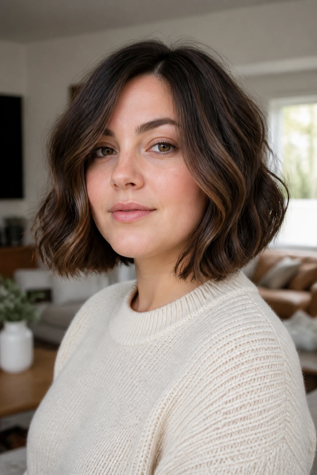 Portrait of a real person with a blunt-edge bob and gentle bend in a bright living room.