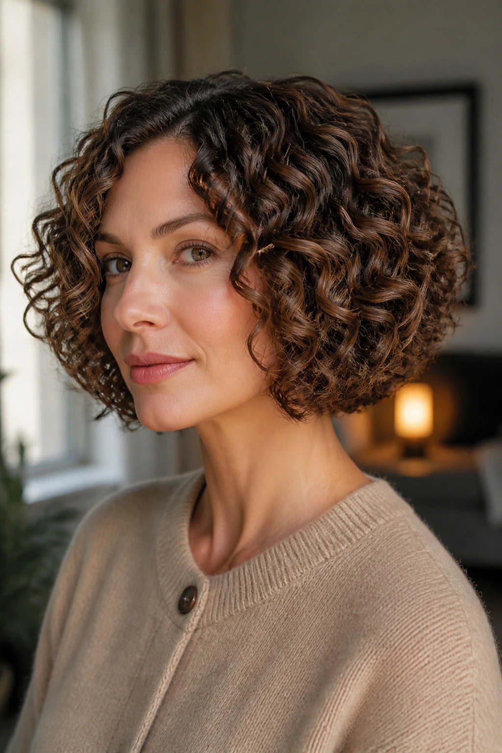 Close-up of a real woman with blunt-edge curly bob and hidden layers in warm window light