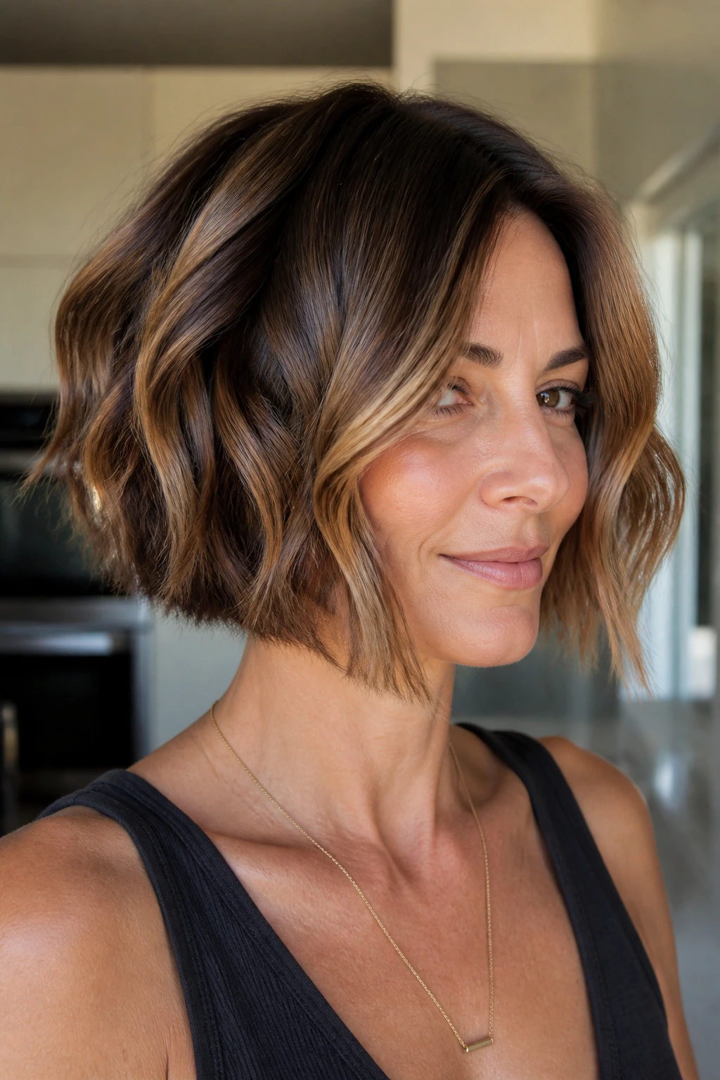 Real woman with blunt-edge inverted bob and loose waves
