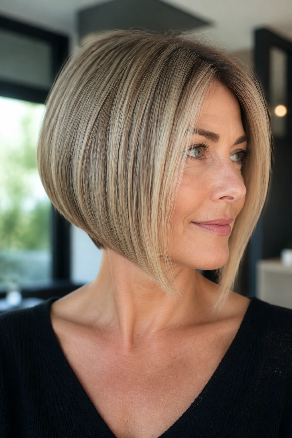 Close-up of a real woman with a blunt-edge inverted bob in a modern setting