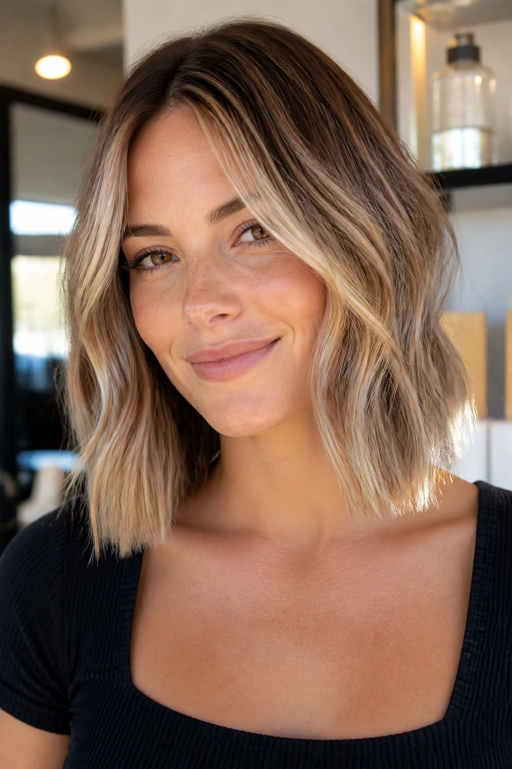 Close-up portrait of a real woman with blunt-edge lob and champagne highlights in warm salon lighting.