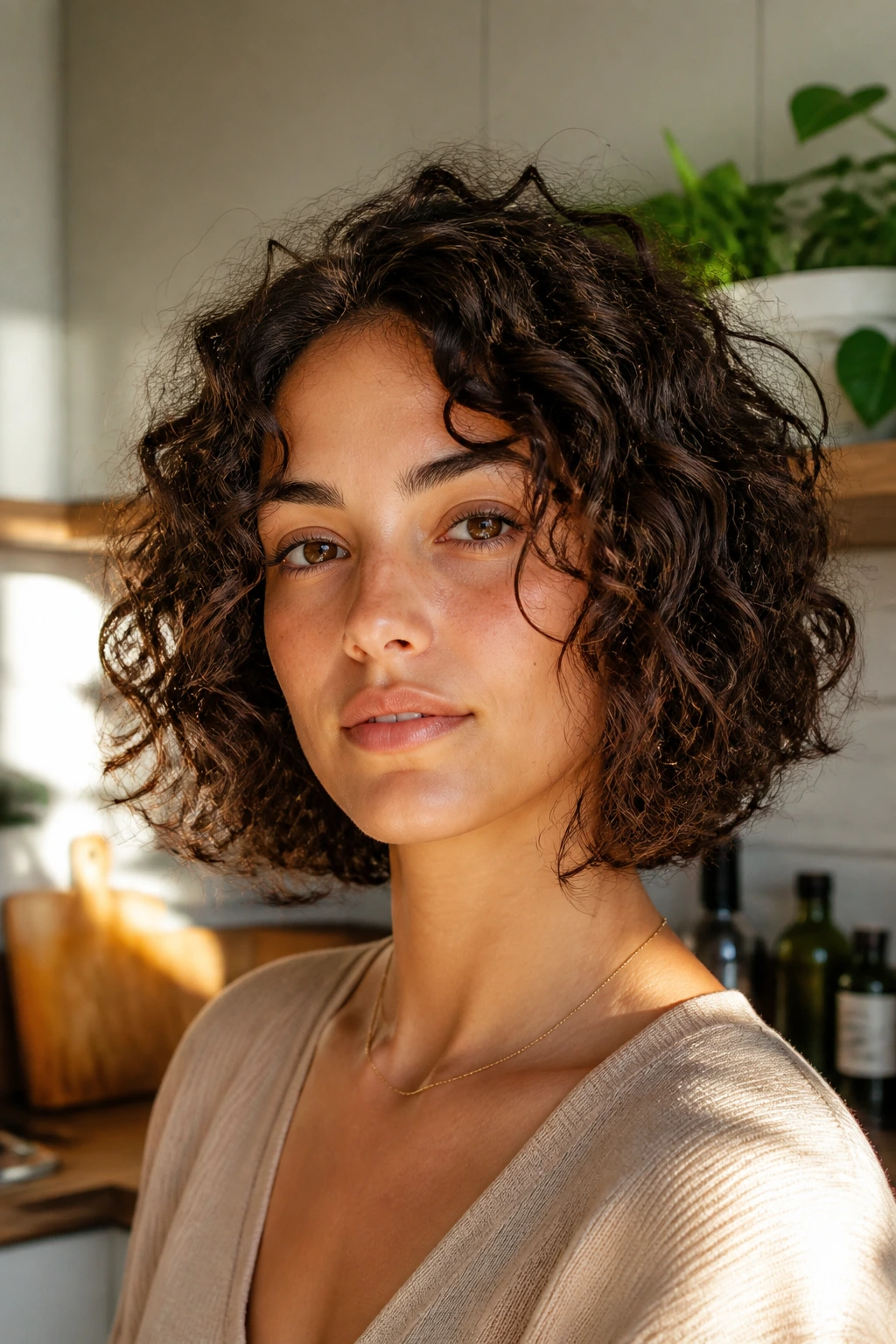 Close-up of person with blunt-edge lob and invisible layers.