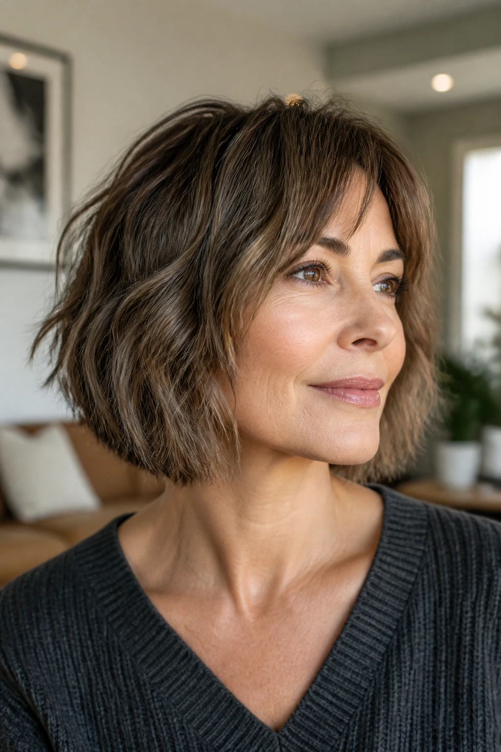 Close-up of a real woman with blunt-edge shag bob and soft texturing.