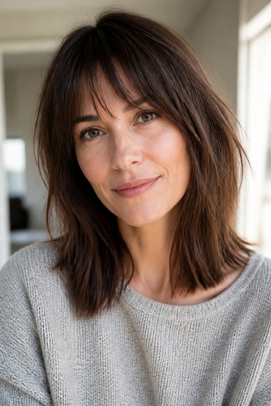 Portrait of a woman with blunt-edge shag and softened fringe in bright light