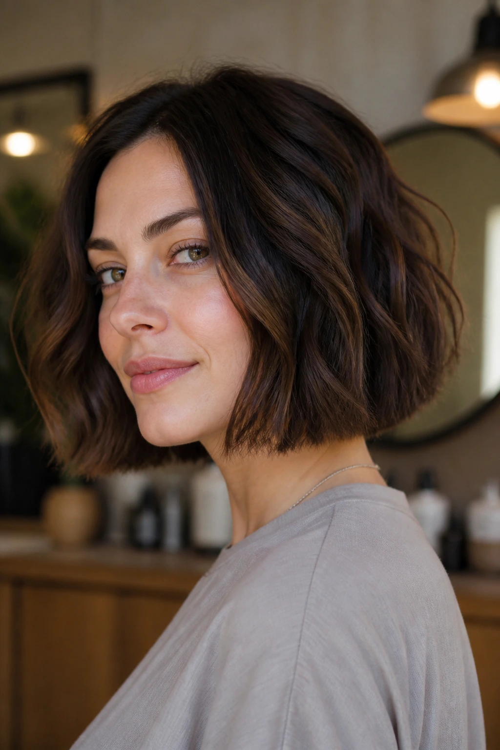 Close-up of a real woman with blunt-edge texture bob and firm bottom line