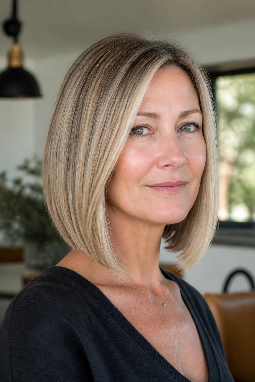 Real woman with blunt-edged angled lob, crisp edge and collarbone-length front