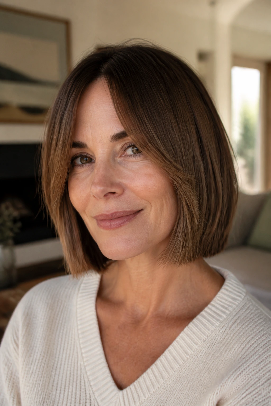 Portrait of a real woman with a blunt-end bob and subtle layers
