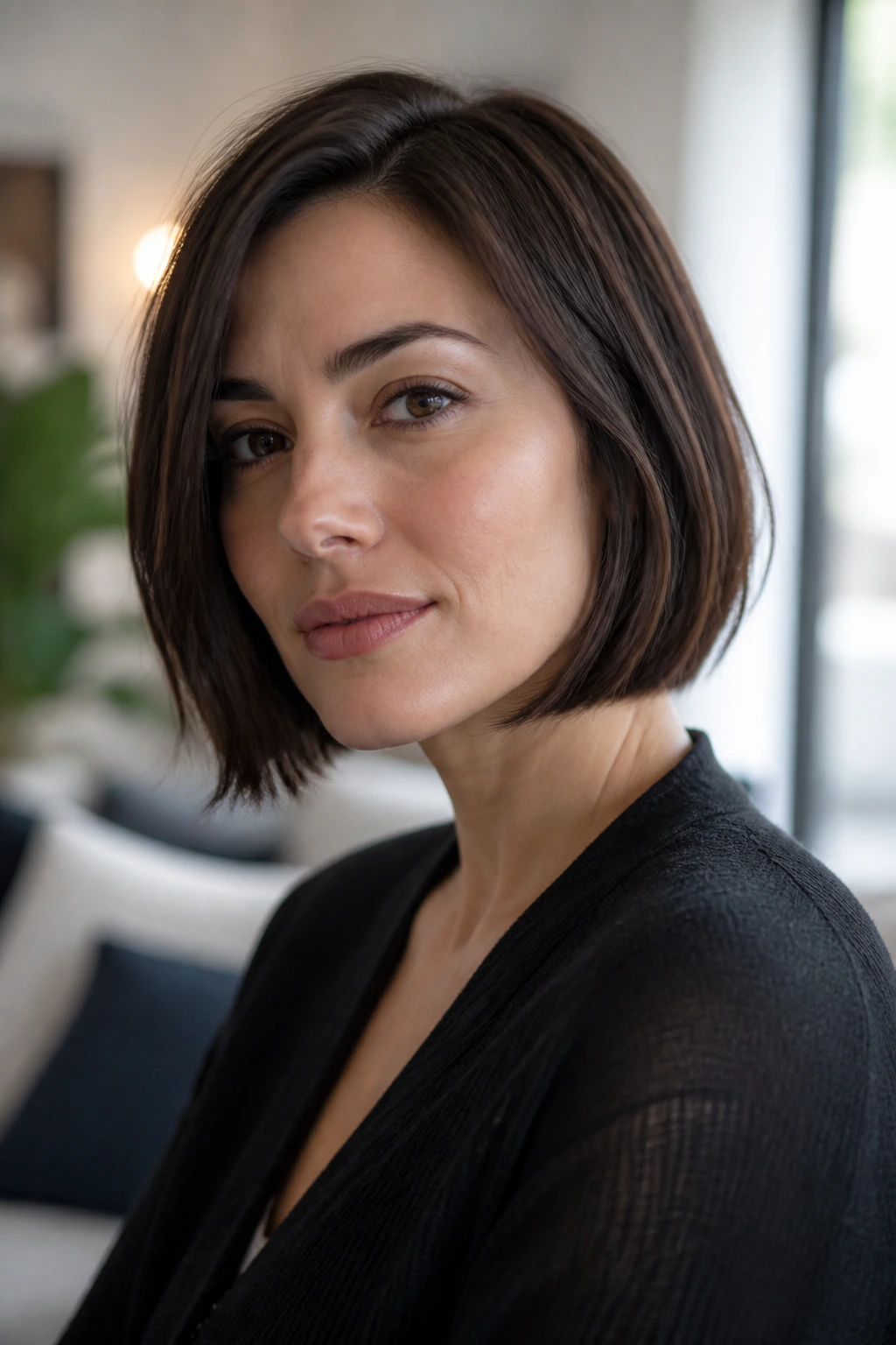 Portrait of a real person with a blunt-ended bob softening the jawline