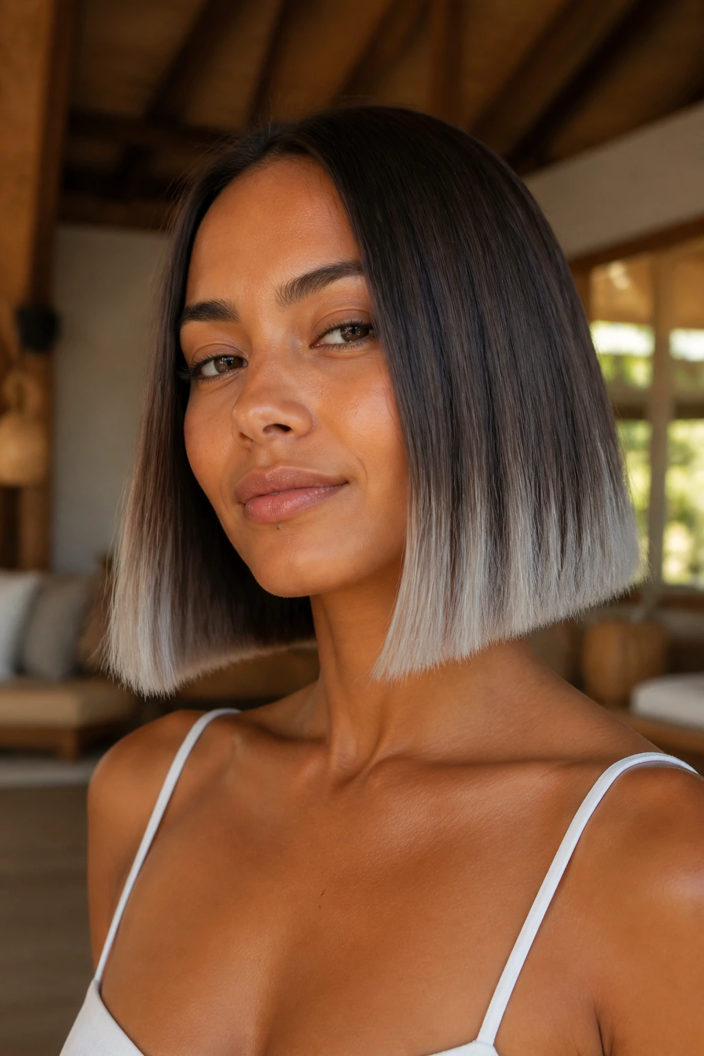 Real person with blunt cut and frosted ends, straight one-length, warm interior light.