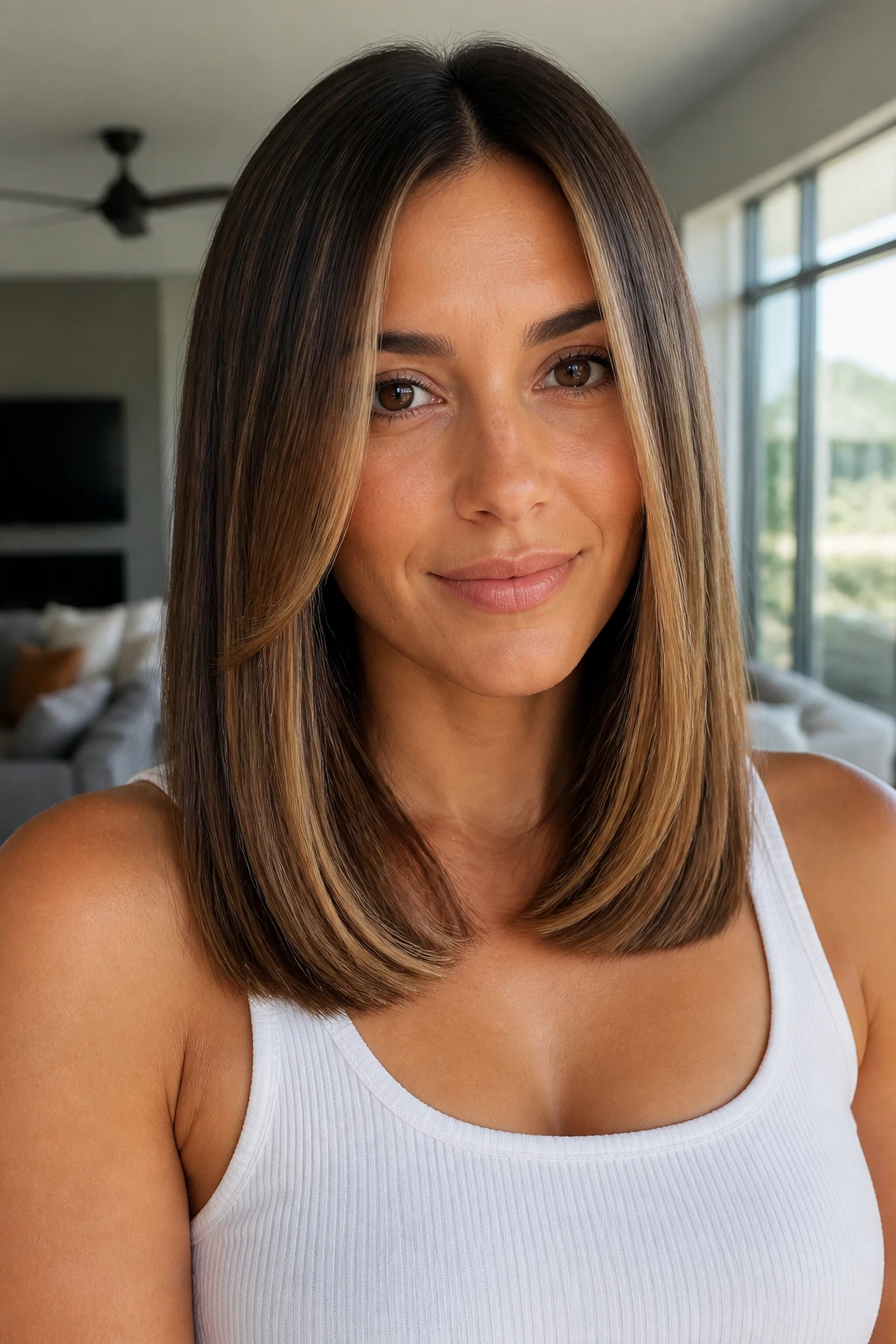Close-up of a real person with blunt ends and hidden layers, caramel highlights around the face.
