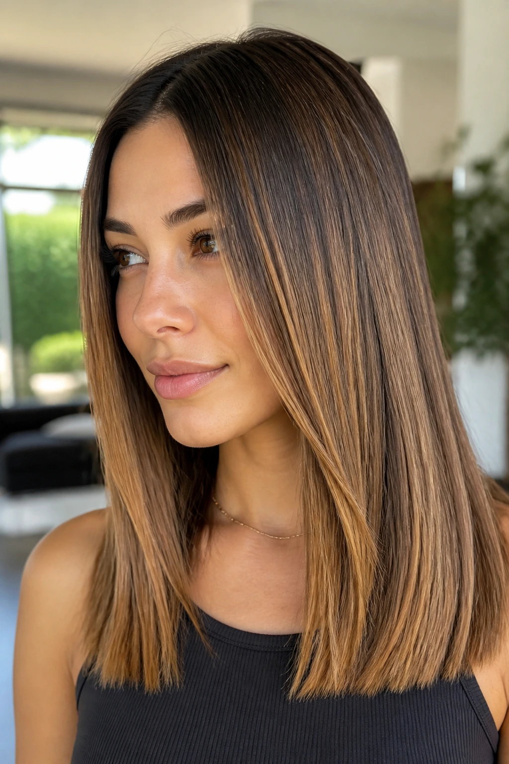 Close-up of a real woman with blunt hair ends and hidden internal layers