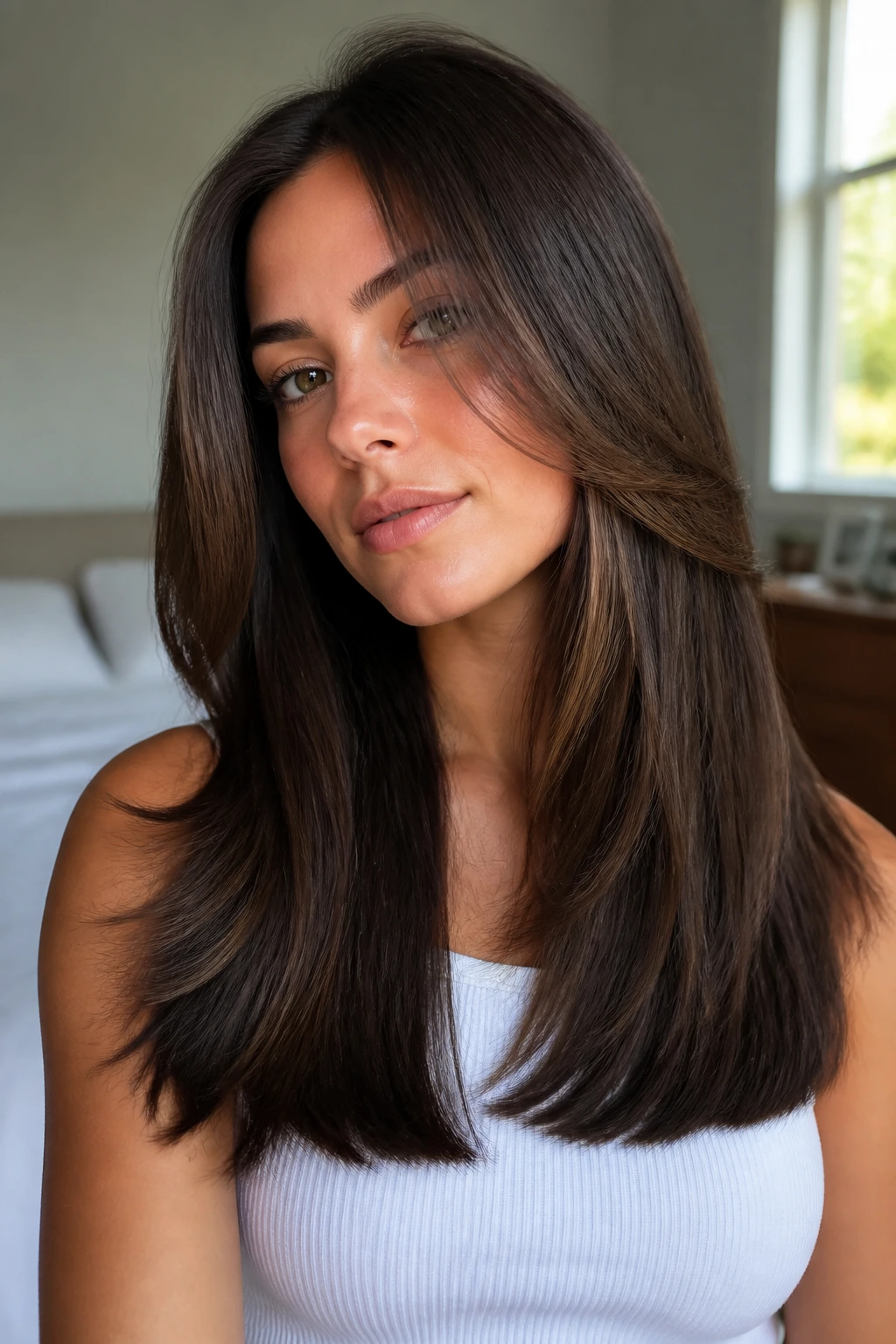 Close-up of a real woman with long hair showing blunt ends with hidden movement in warm window light
