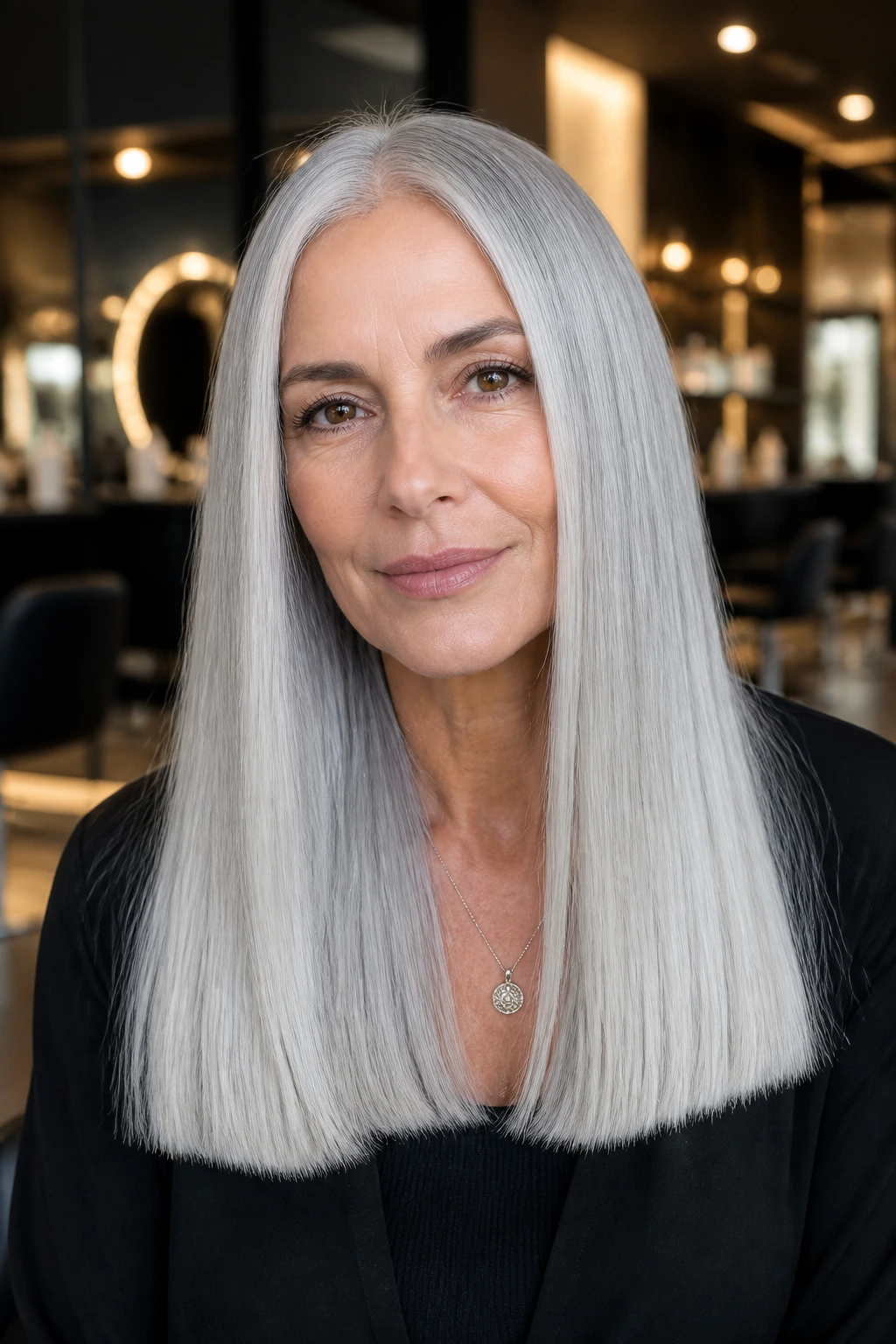 Portrait of a person with long silver hair cut in a blunt edge.
