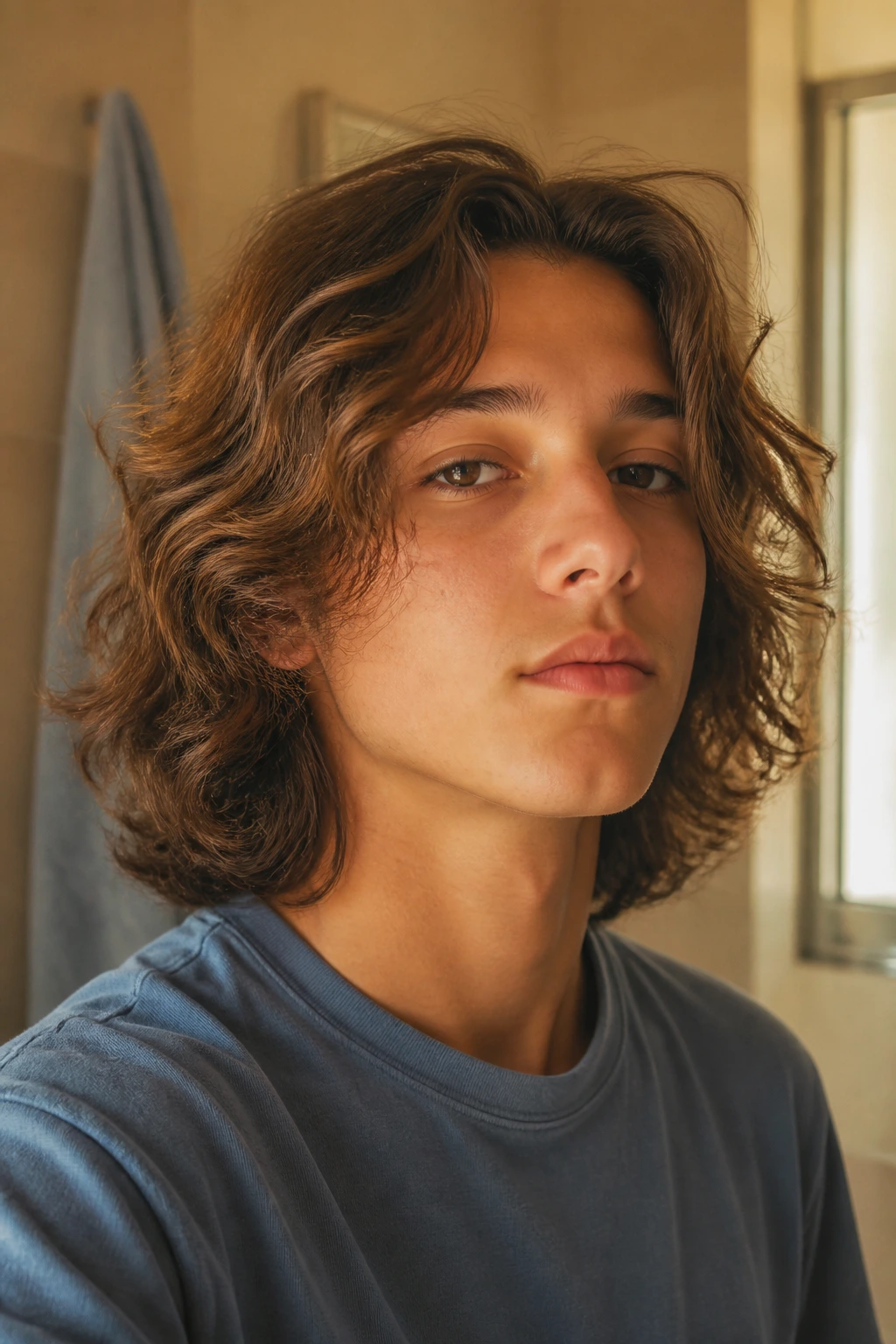 Close-up portrait of a real boy with long wavy hair featuring blunt ends and light layers in a warm bathroom