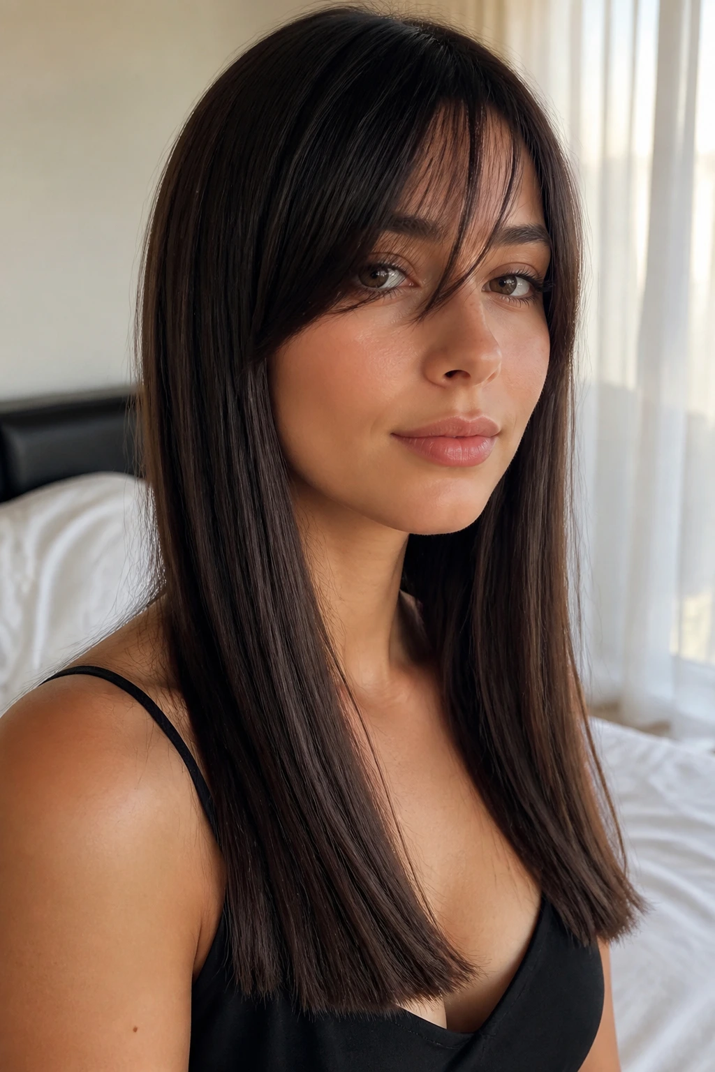 Portrait of a woman with blunt ends and wispy slanted bangs