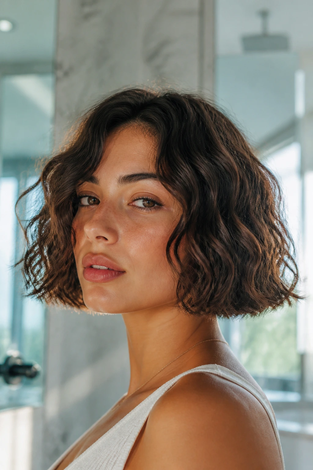 Close-up of a real woman with blunt French bob and loose waves