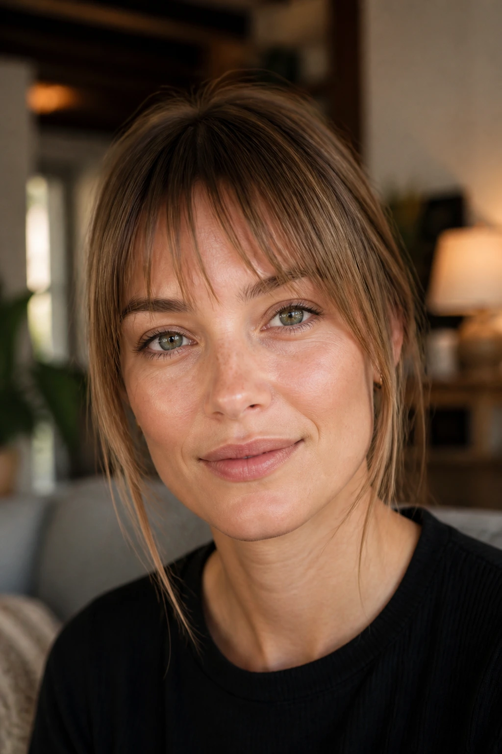 Close-up portrait of a real person with light blunt fringe and built-in gaps