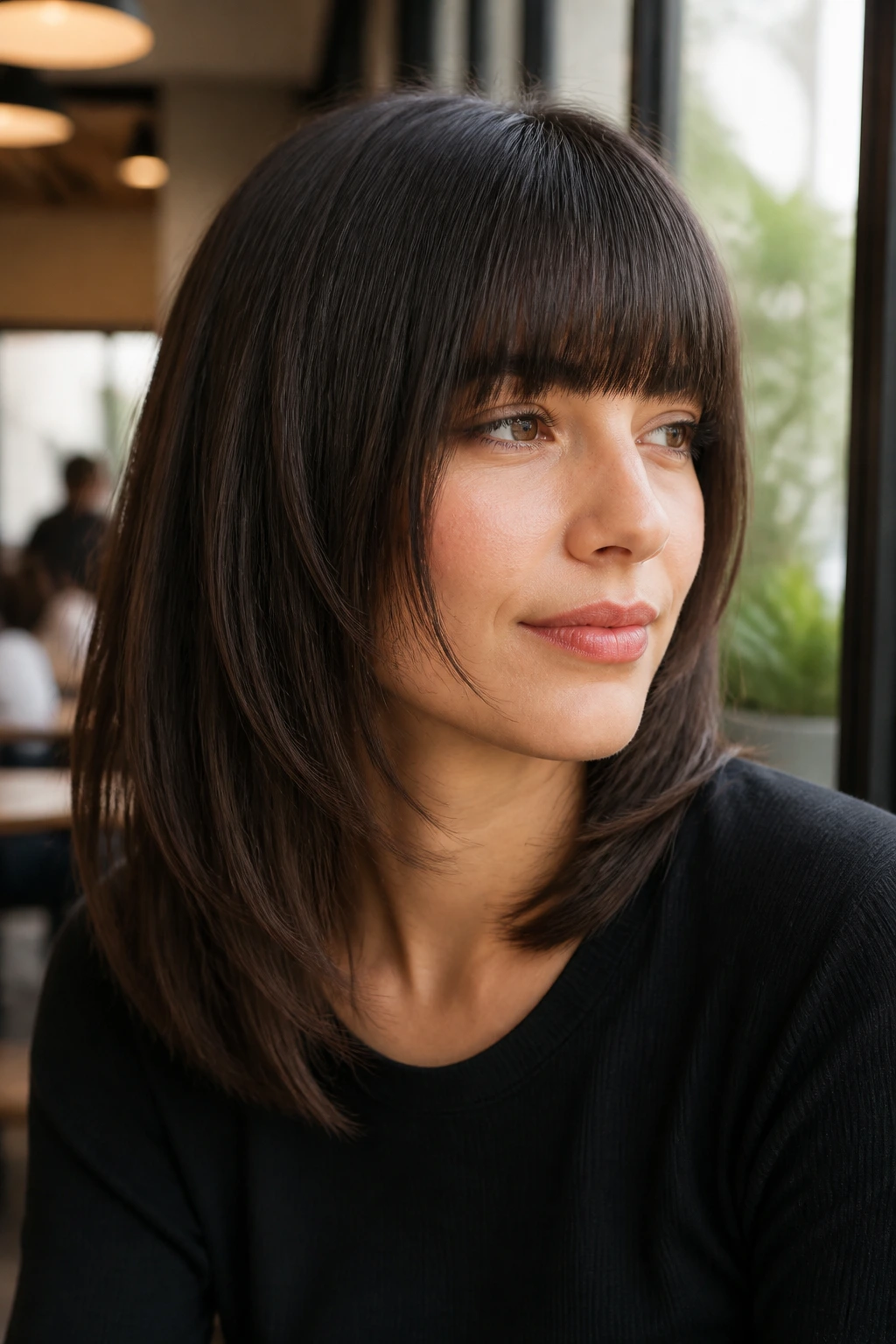 Close-up portrait of a real woman with blunt fringe and soft face frames in a sunny cafe