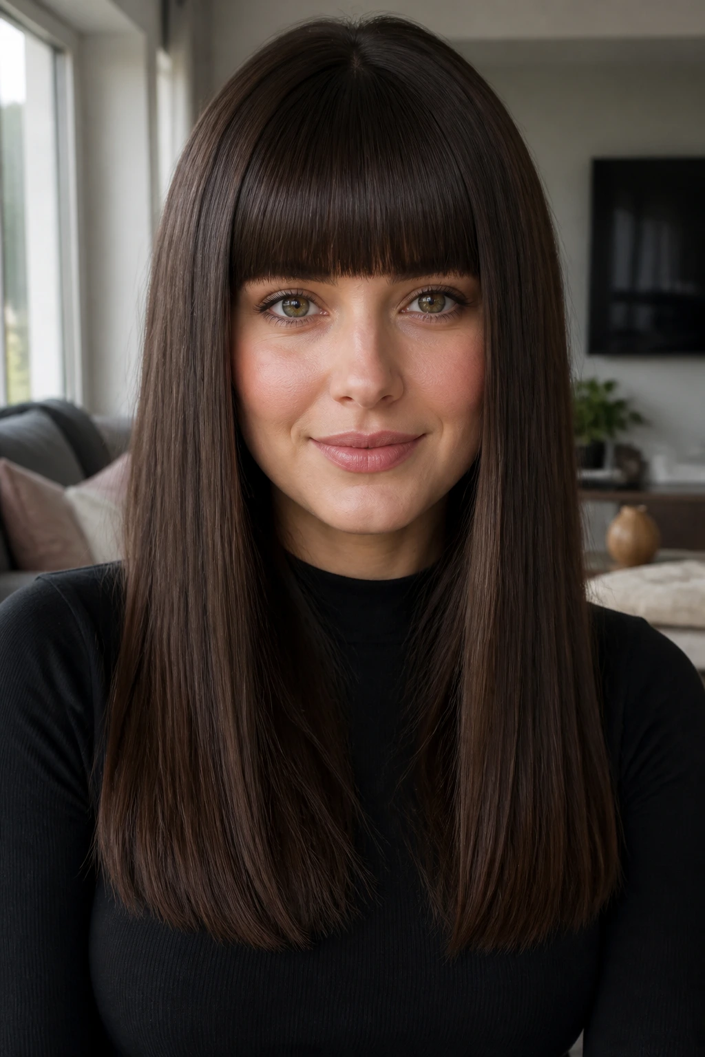 Close-up of a real woman with blunt fringe on a one-length hairstyle