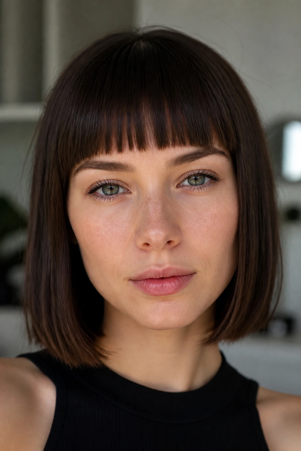 Close-up portrait of a real person with brow-skimming blunt fringe in soft daylight.