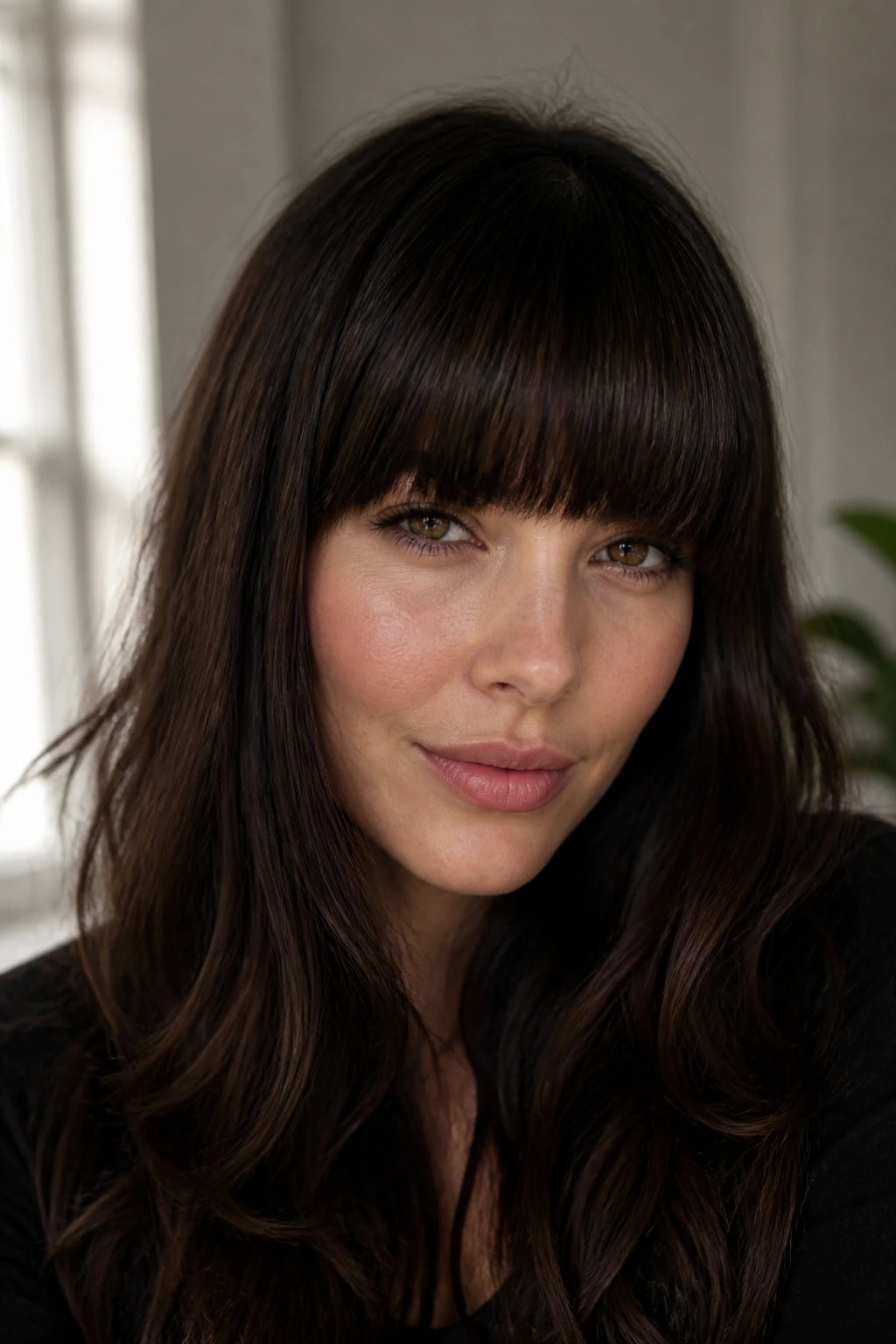 Portrait of a woman with brow-skimming blunt fringe