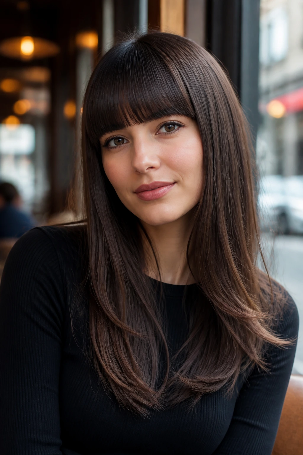 Real woman with sleek blunt fringe at brow level in a cafe setting