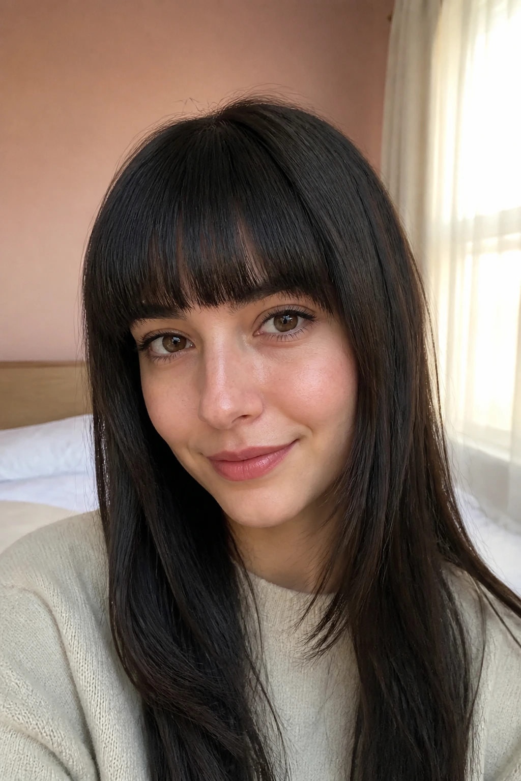 Close-up portrait of a person with blunt fringe in soft natural light