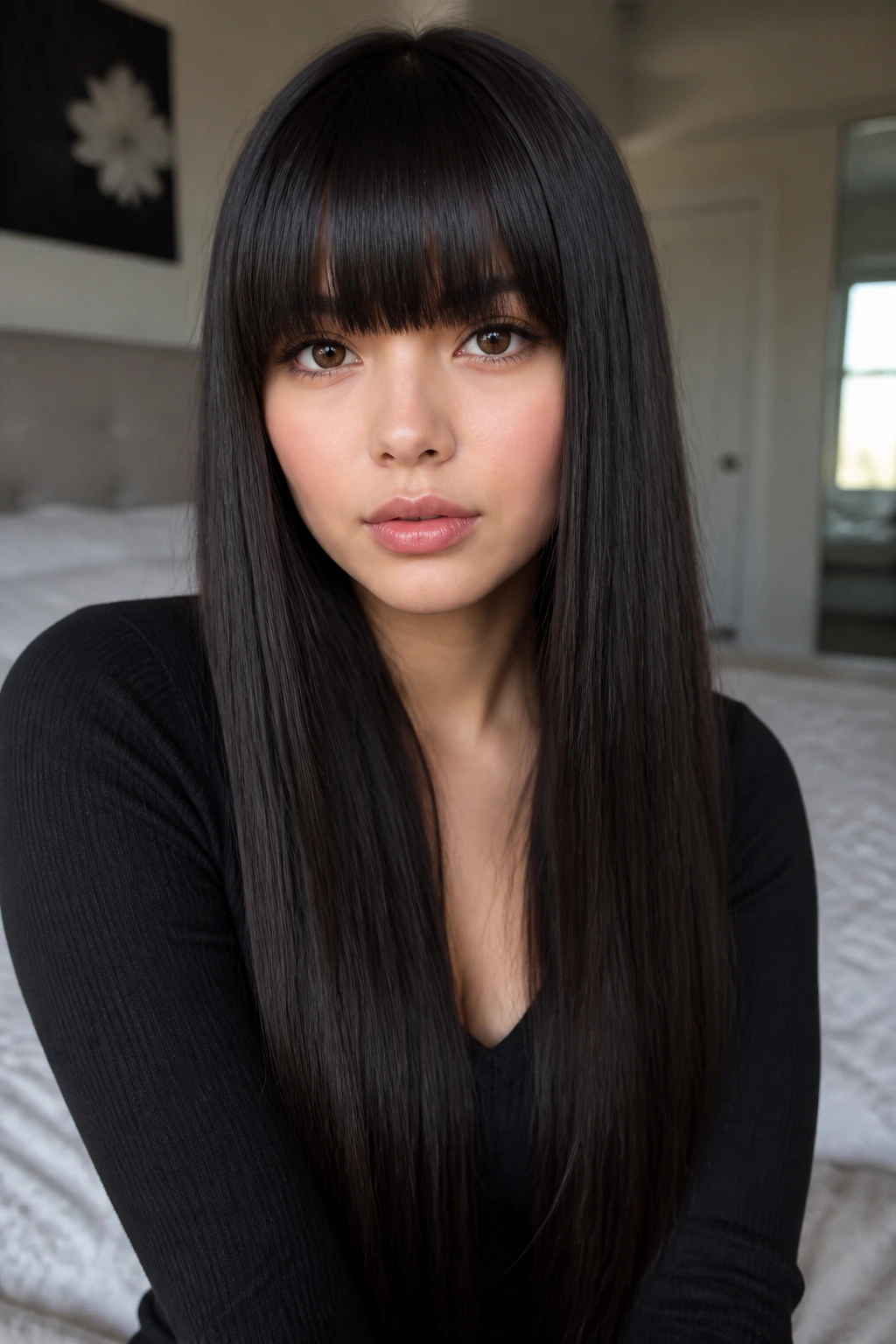 Close-up portrait of a woman with thick blunt fringe and waist-length sleek hair in soft natural light