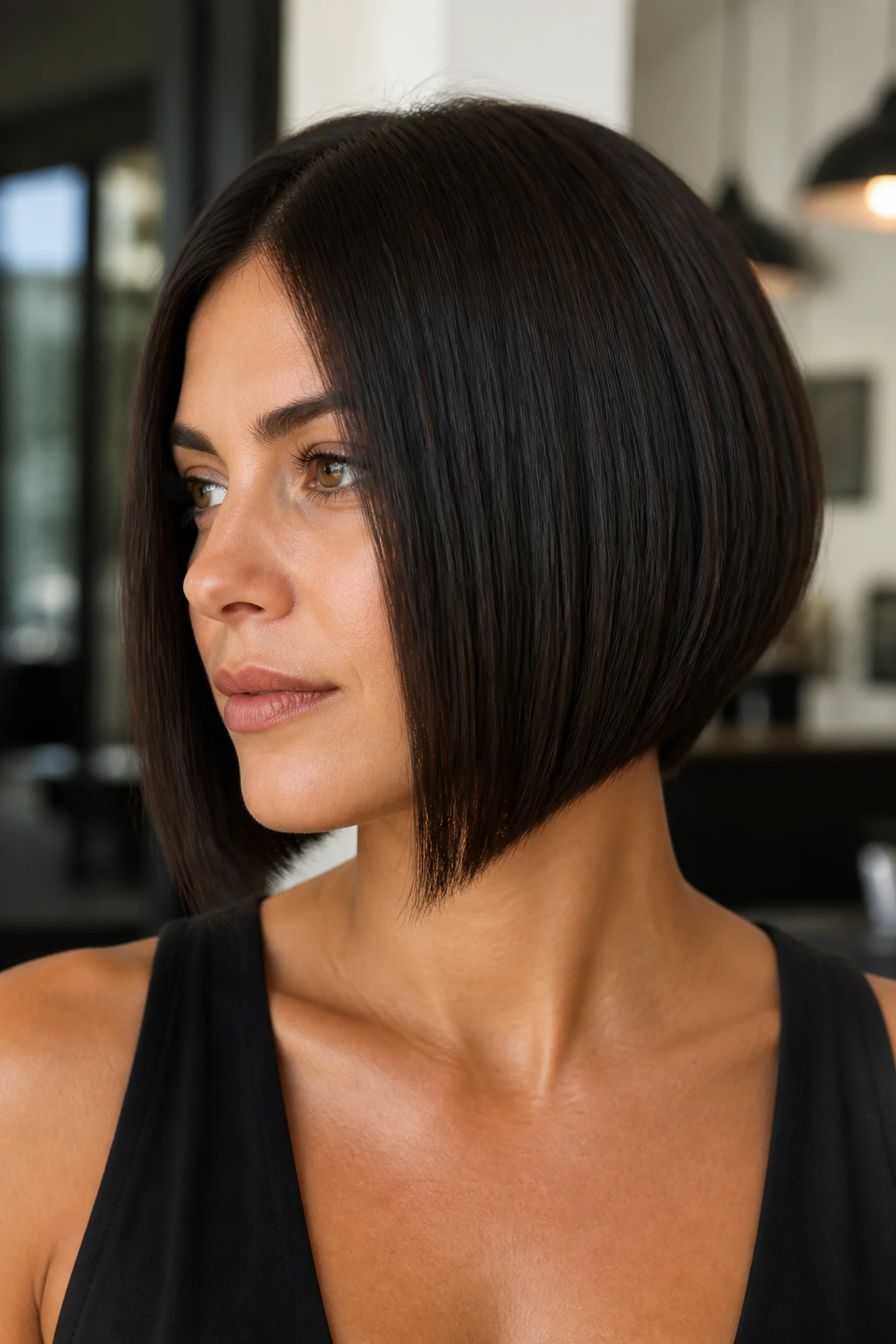Portrait of a real woman with a blunt-front, tapered-back inverted bob.