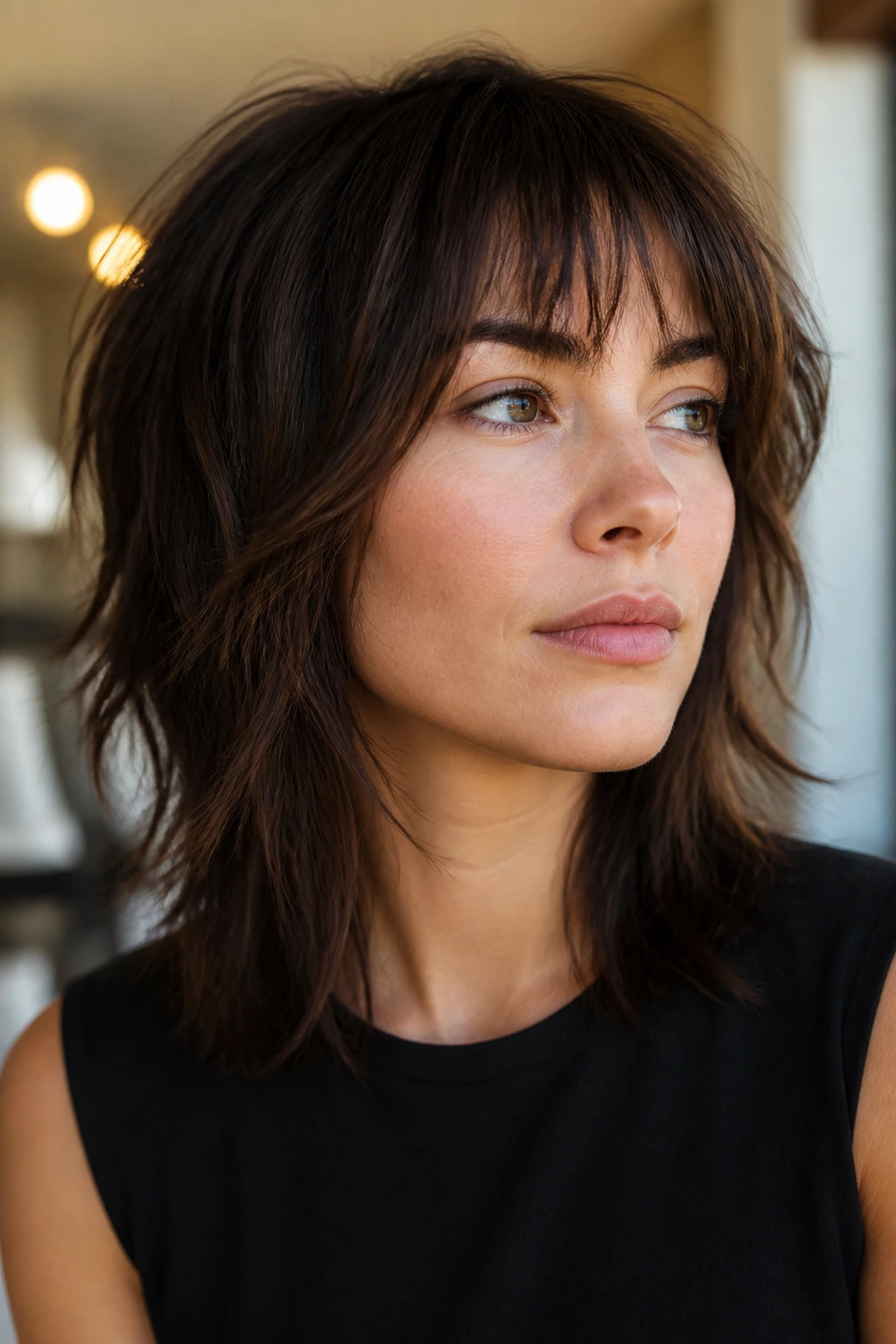 Real woman with blunt-hybrid shag showing dense outer edge and textured inner layers