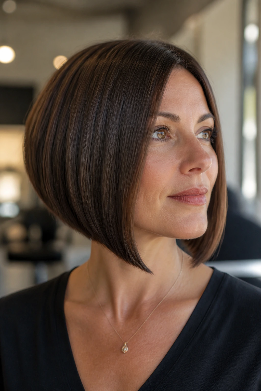 Close-up of a real woman with a blunt inverted bob and crisp light-reflecting edges.