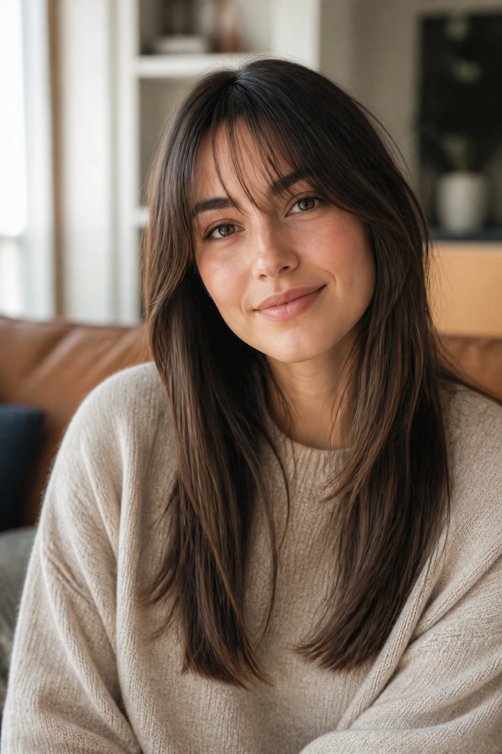 Close-up of woman with blunt-ish long hair and airy bangs