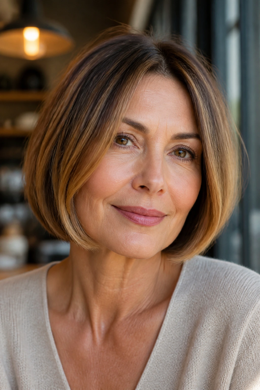 Close-up of a real woman with blunt jaw-length bob and subtle caramel glow