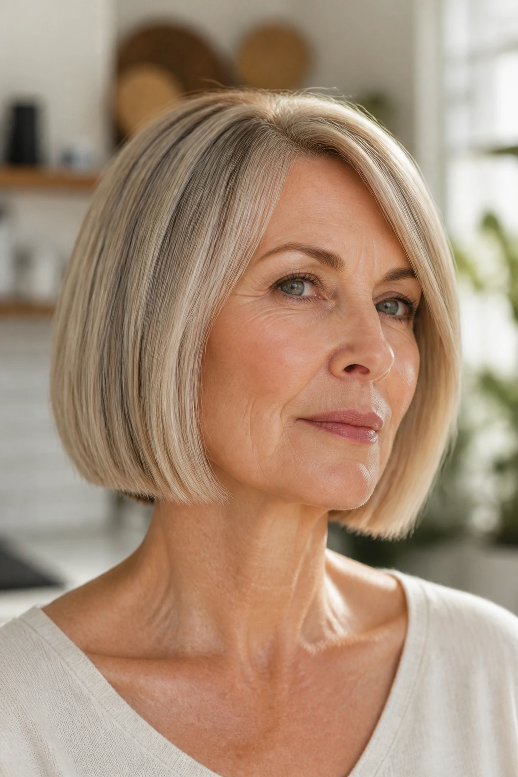 Close-up of a woman with a blunt jaw-grazing bob in a bright home setting.