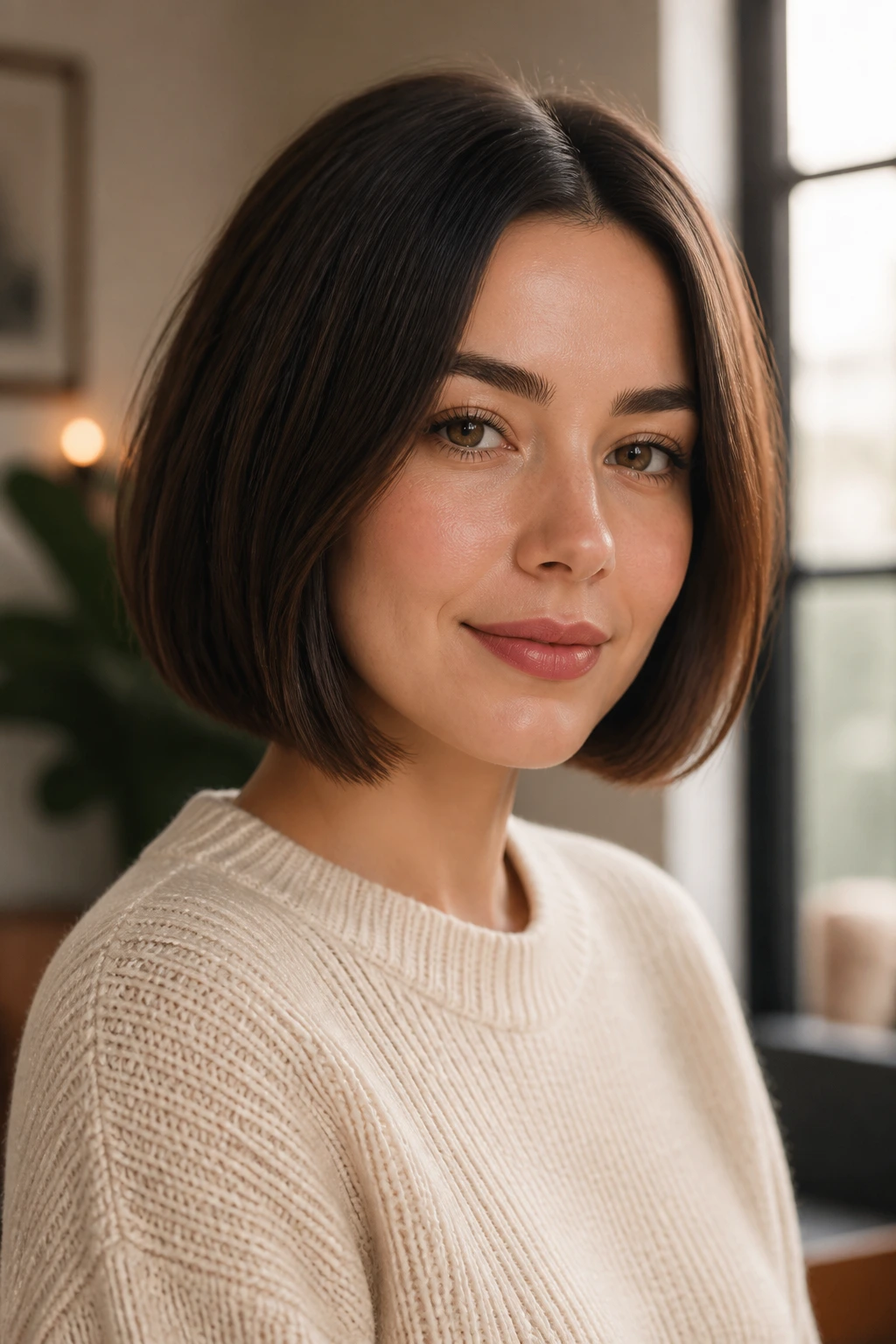 Close-up of a blunt jaw-length bob on an oval-faced woman in warm window light