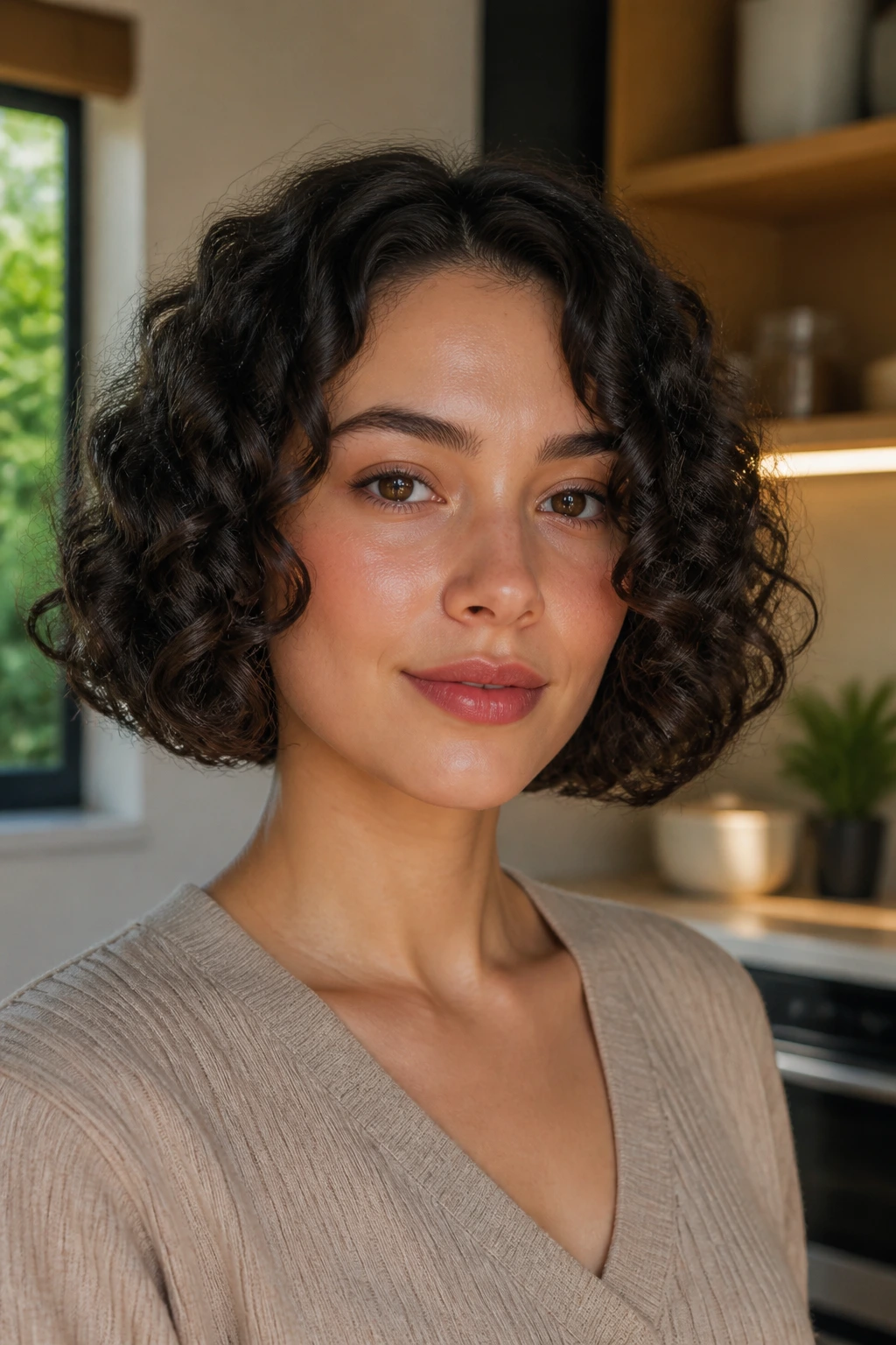 Close-up of a real woman with blunt jaw-length curly bob and clean ends.
