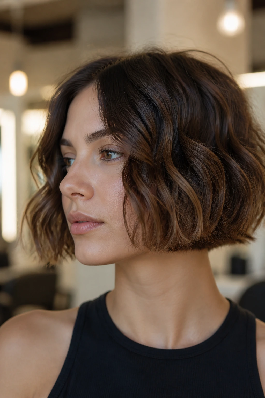 Real woman with blunt jawline bob and wavy texture