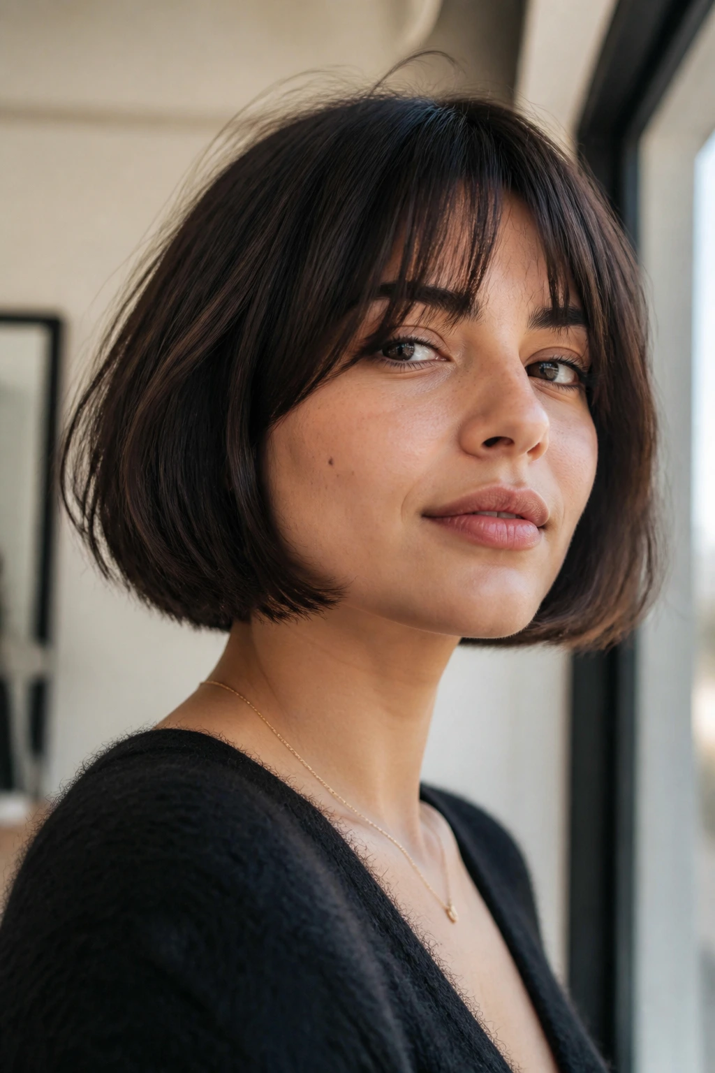 Woman with jawline-length blunt French bob in natural light