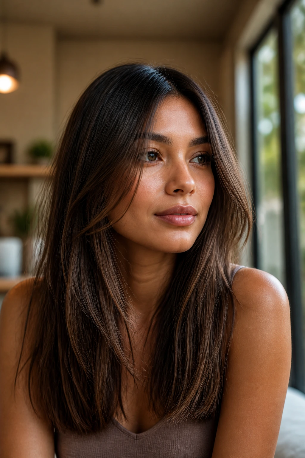 Real person with blunt-length hair and visible internal texture in warm indoor light