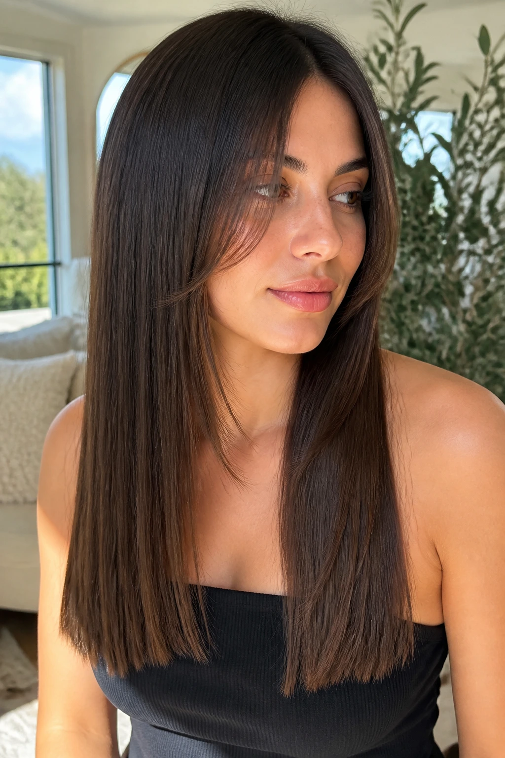 Real woman with blunt long cut and whisper-soft front pieces close-up portrait