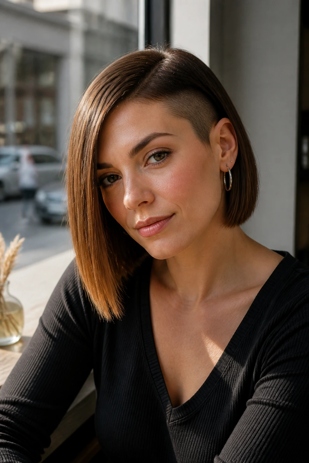 Portrait of a real woman with blunt-line bob and side slice
