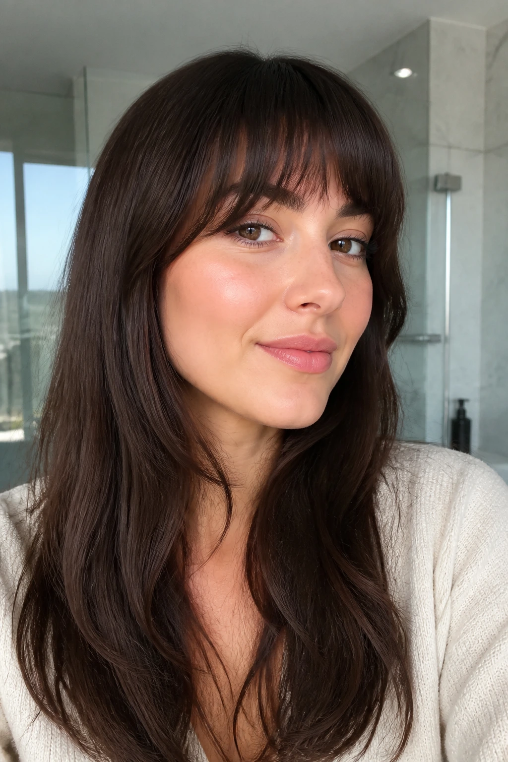 Close-up of a real woman with Blunt-Lite fringe.