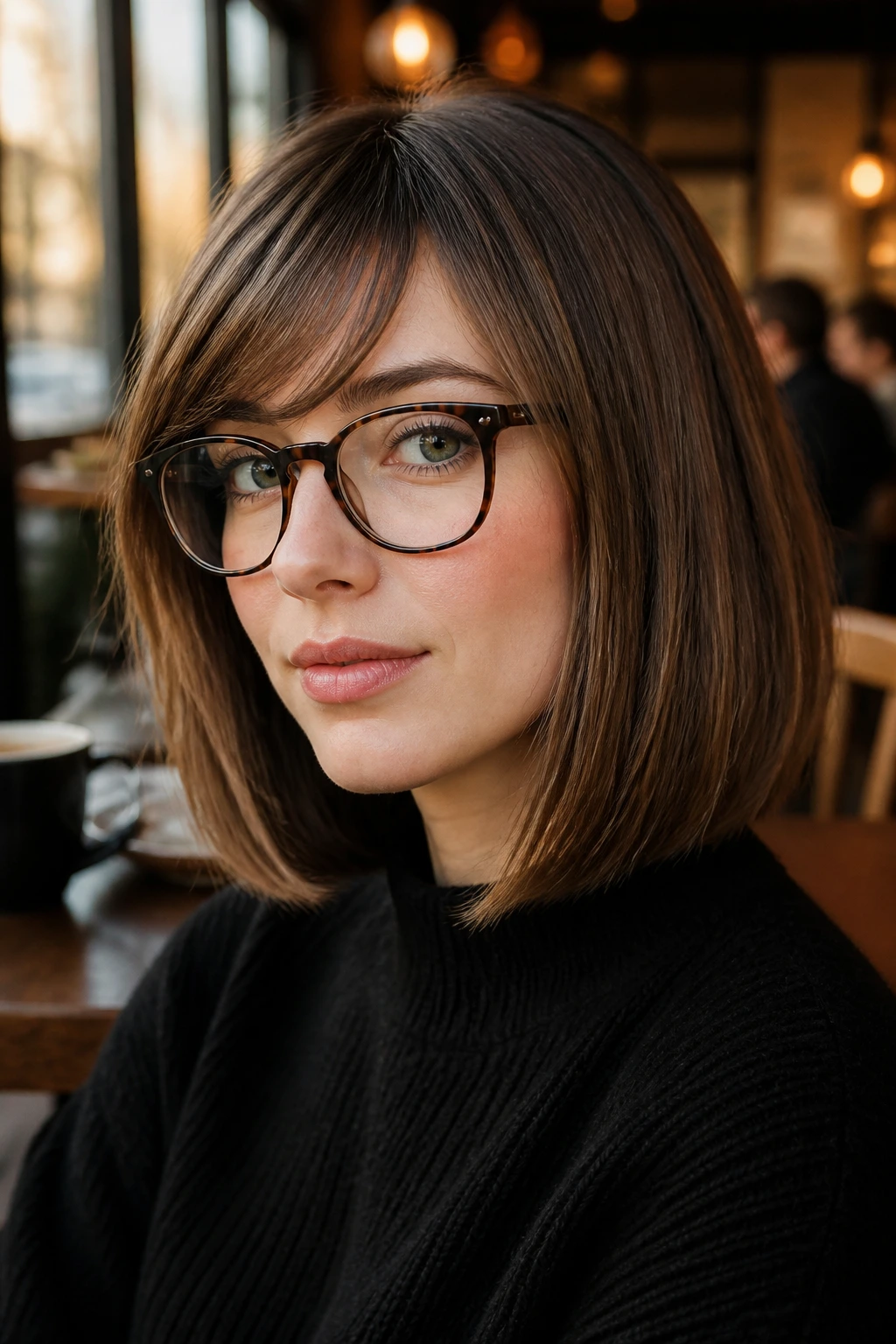 Portrait of a real person with blunt lob and airy bangs
