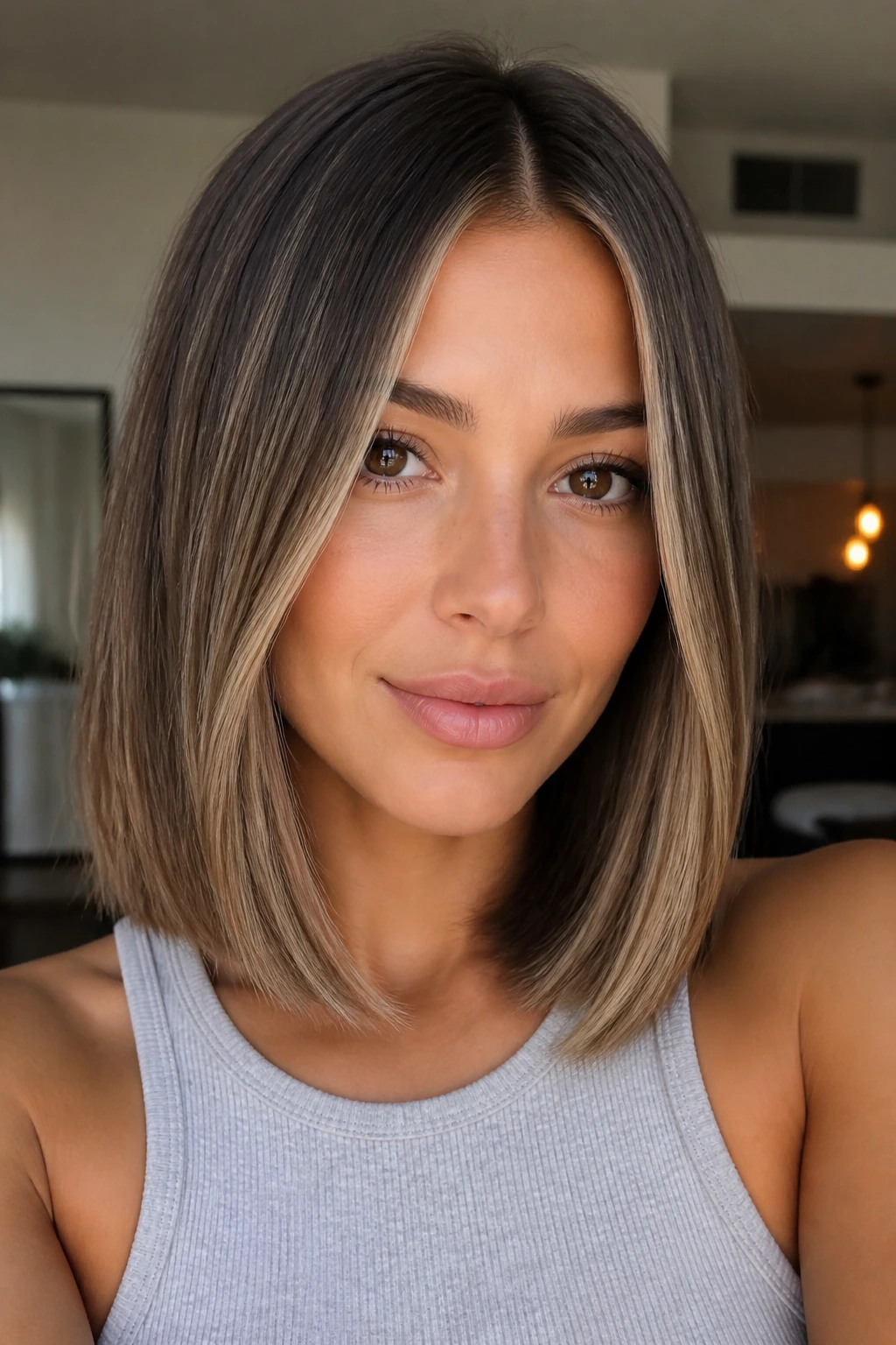 Head-and-shoulders portrait of a woman with blunt lob and face-framing babylights