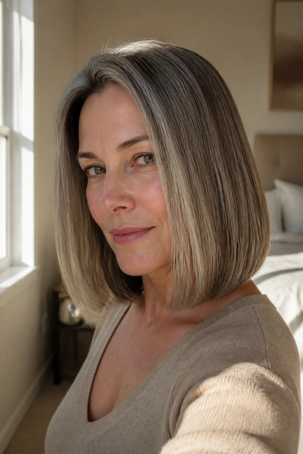 Close-up portrait of a real woman showing a blunt lob with beveled ends in natural window light.